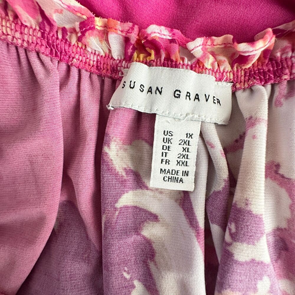 Susan Graver Top Women 1X Plus Pink Floral Tunic Bell Sleeves Peasant Bohemian - Picture 4 of 9